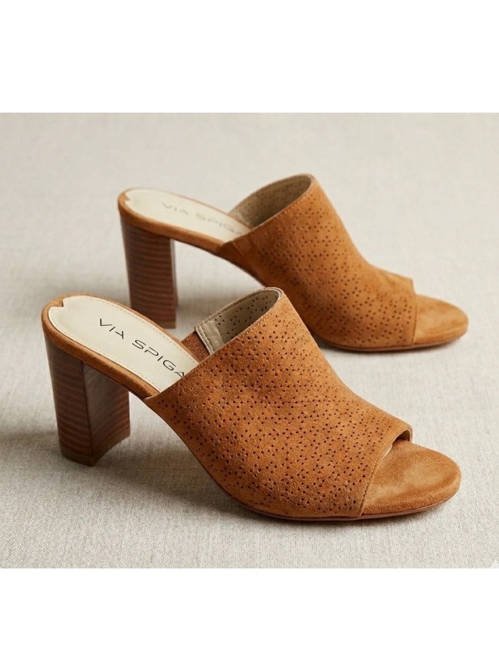 Via Spiga Winona Suede Perforated Block Heel Mules Sz 6M - Worn Once!